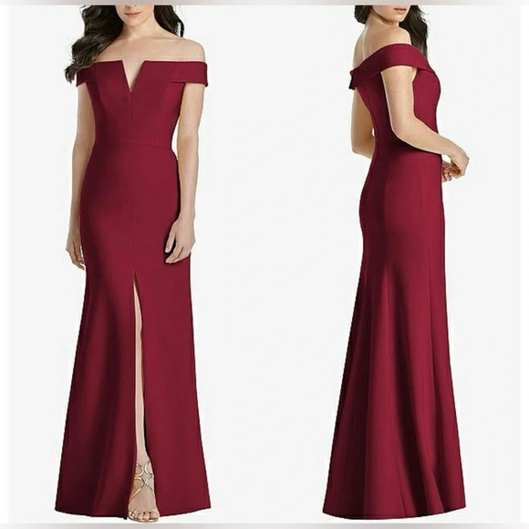 DESSY COLLECTION 3038 OFF-THE-SHOULDER TRUMPET GOWN WITH FRONT SLIT IN BURGUNDY - Picture 1 of 6